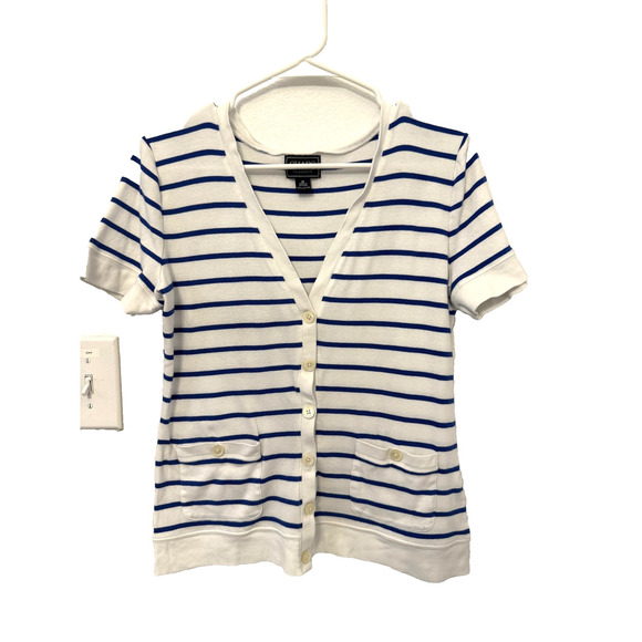 Chaps Cardigan Sweater Womens Medium Striped Short Sleeve Pockets Closet Staple - Picture 2 of 8